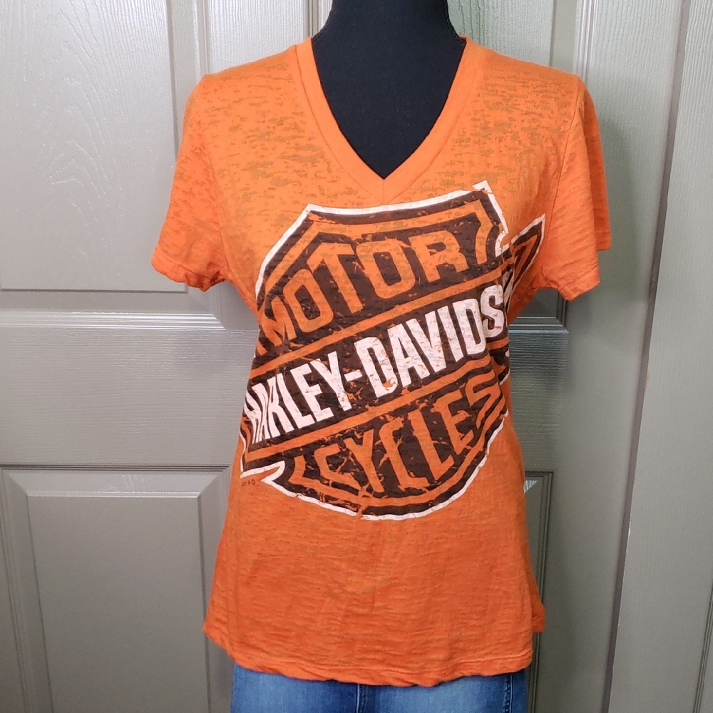 Harley-Davidson Orange V-Neck Burnout Pig Trail Rogers Arkansas T-Shirt Size Med